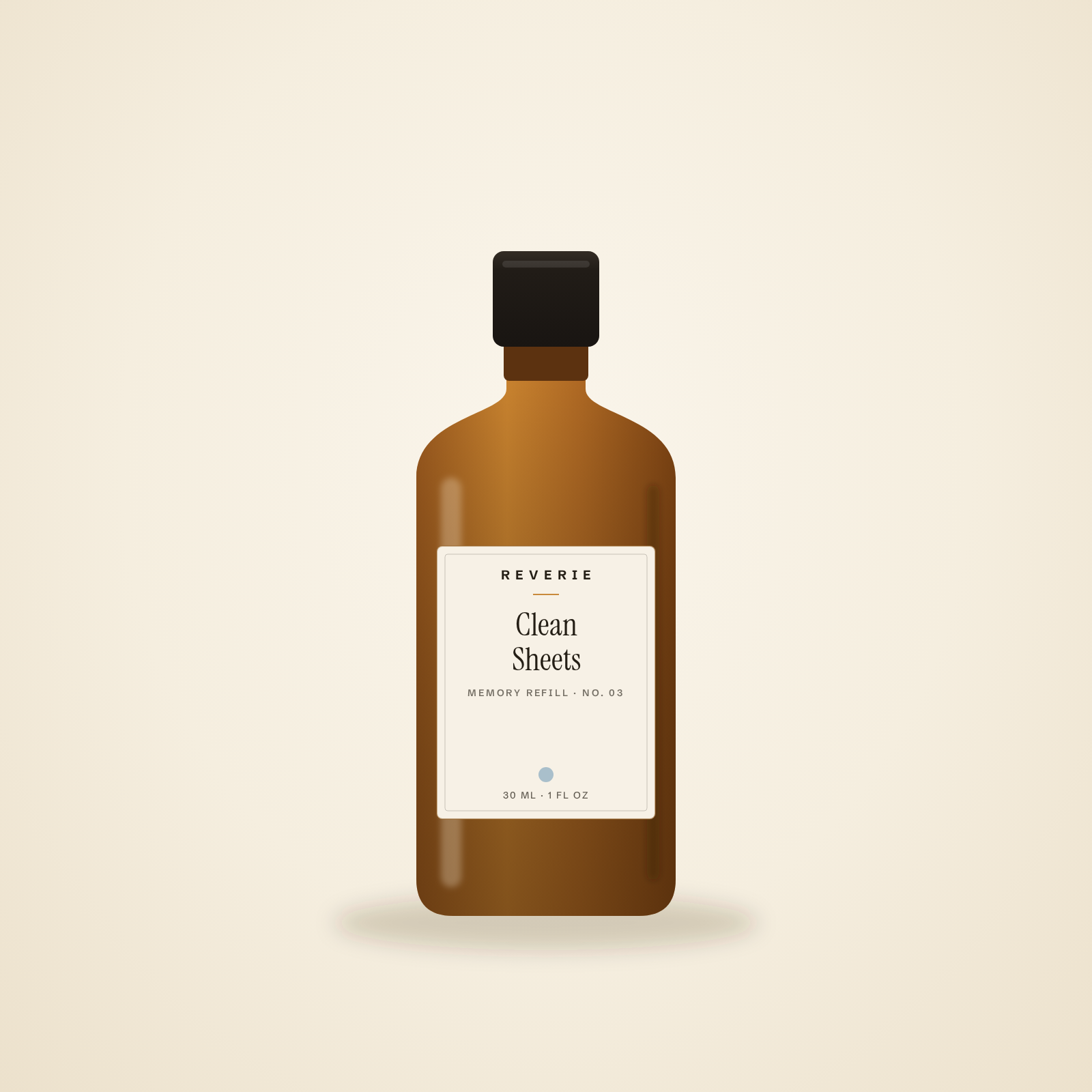 Clean Sheets — Reverie Memory Refill, 30ml amber bottle (label design render)