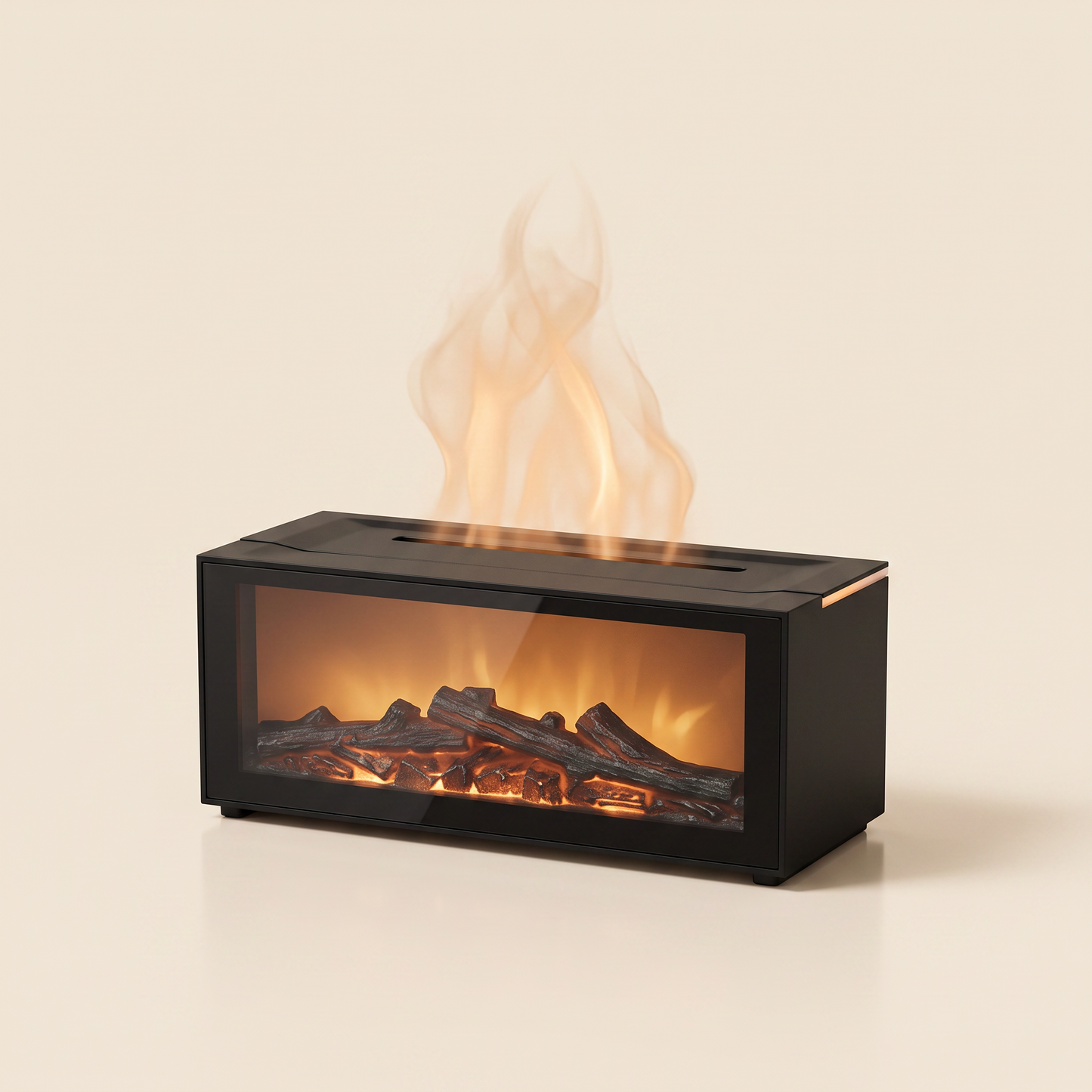 The Hearth glowing — logs lit with a soft flame-shaped mist, on a warm cream backdrop